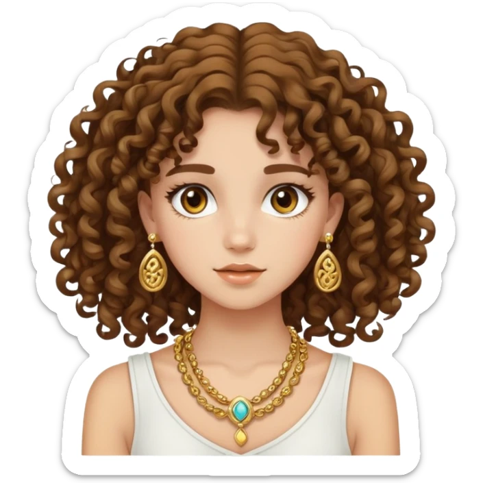 Teenage girl with curly brown hair, choni style with gold jewelry sticker