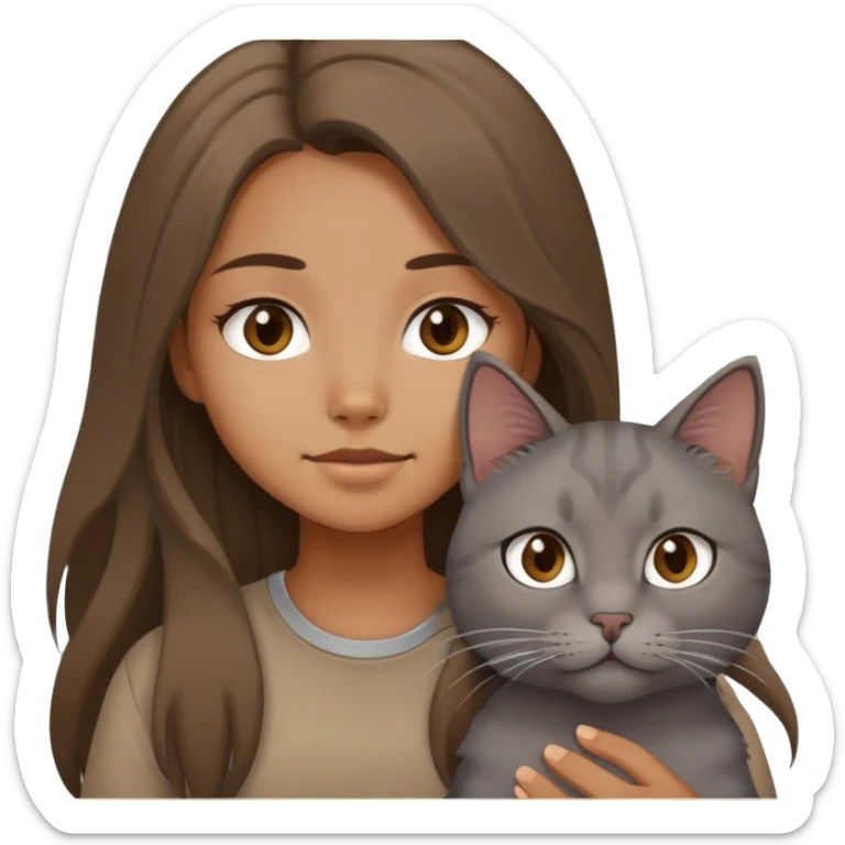 a longhair girl wearing a brown shirt with a grey cat sticker