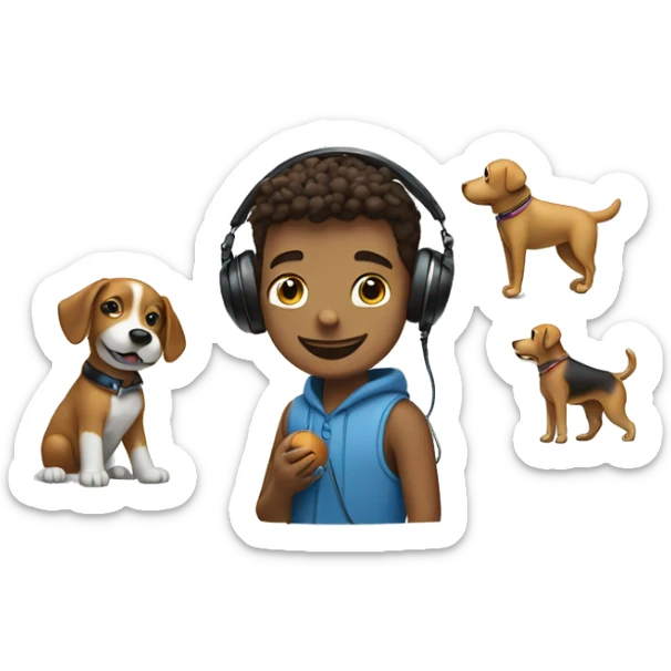 A boy playing with a dog with a ball, while listening to music on airpods and flying a drone sticker