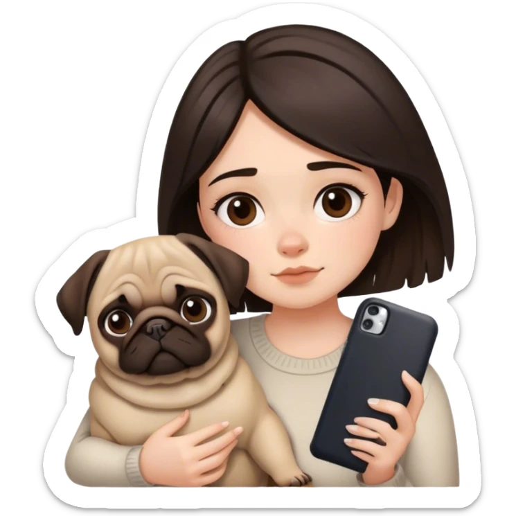 Pretty girl with dark brown casscading choppy hair frames her face as she holds her phone and her big pug lays beside her sticker