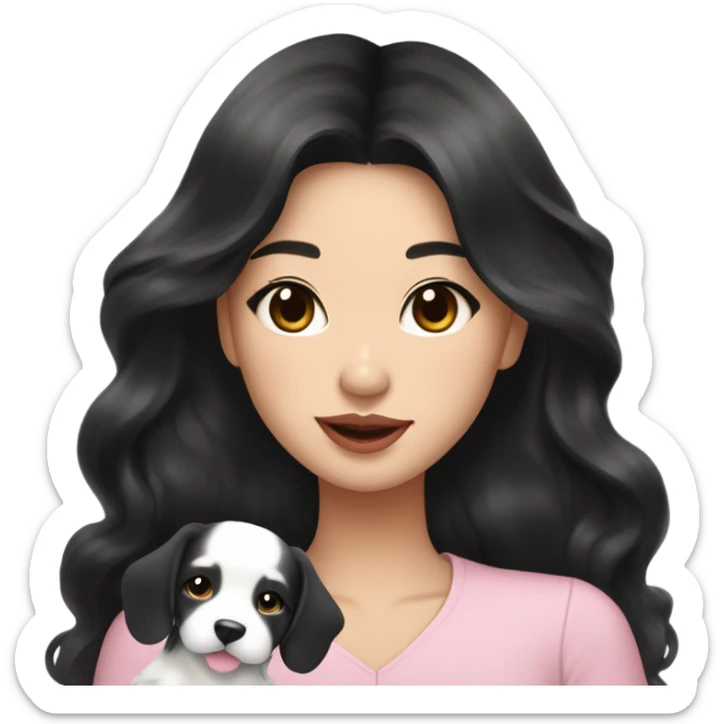 stunning asian woman black long wavy hair, light pink lips holding happy puppy sticker