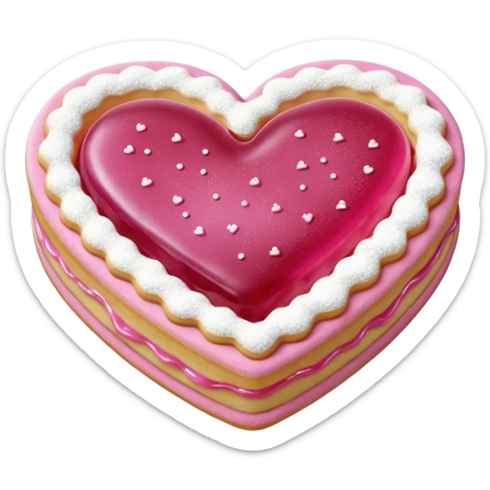 Realistic shortbread cookie in the shape of a heart with pink jelly middle filling and sprinkled powder sugar on top. sticker