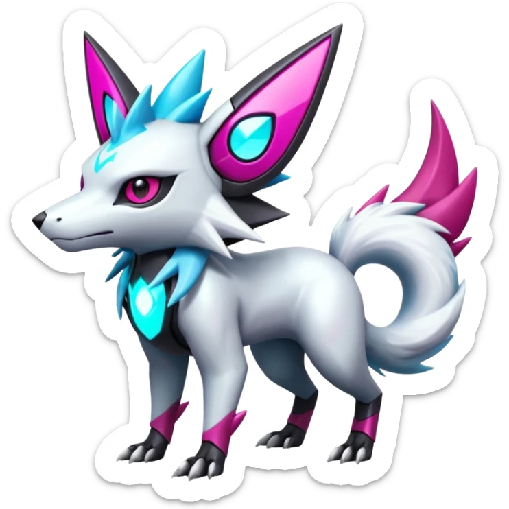 White and magenta cyperpunk futuristic feral Zangoose-Manectric-Luxray-Umbreon-Vaporeon-Amaura-Electrike-fusion-creature  sticker
