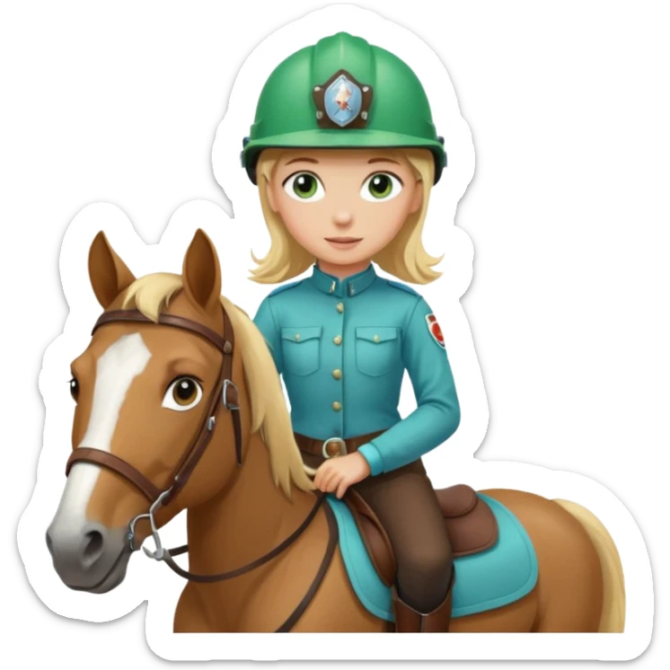 una ragazza bionda con occhi azzurri/verdi sopra un quarter horse con criniera marrone sticker