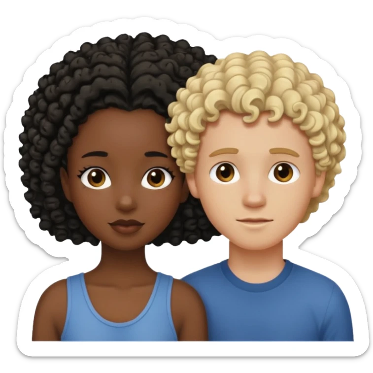 Black girl with curly black hair, and white boy with dirty blonde hair loving sticker