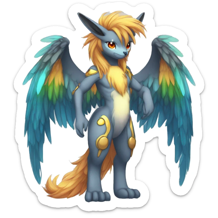 Anthro Sona Cool Edgy Cute Colorful Shy Winged Shiny Fakemon-Fantasy-Creature With Long Hair-Mane Full Body Detailed High Quality sticker