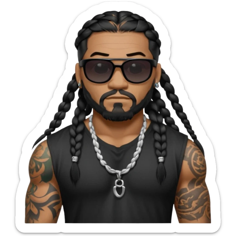 Samoan male. Facial hair on chin only.
Untucked loose fitting black t-shirt. 
long black braided hair.
very muscular.
Even More tattoos. 
Tough and menacing.
Dark black square sunglasses. sticker