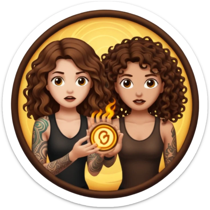 rune trap — long wavy brown hair tattooed woman and short tight curly brown hair woman — startled circle glow sticker