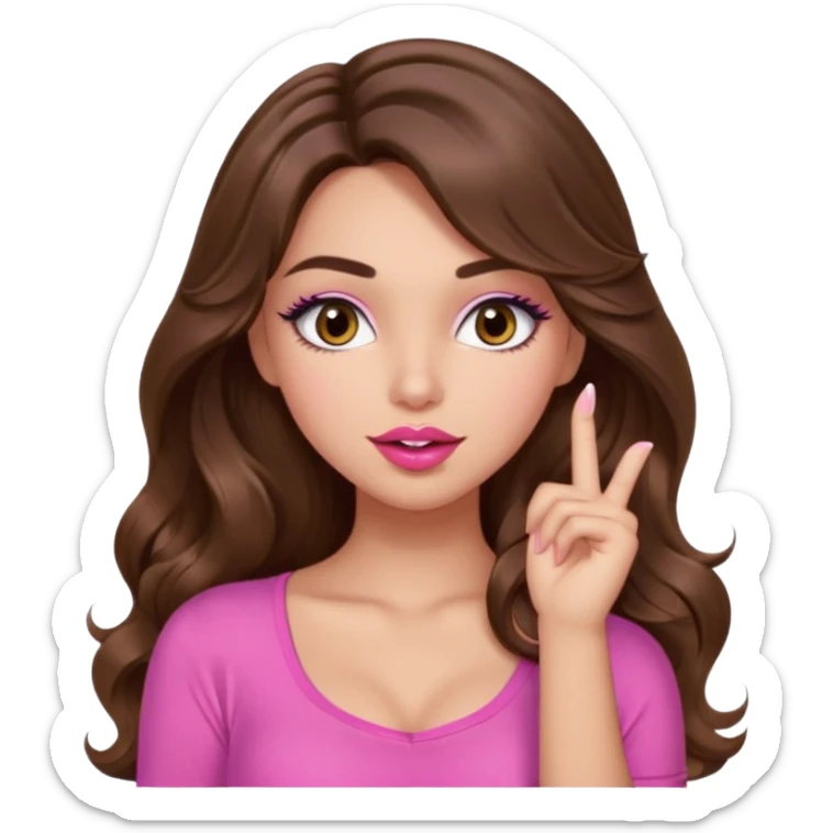 girl with long wavy brown hair, brown eyes, light to medium complexion, in a pink sexy top, pink lips, long lashes, shushing with one finger on the lips sticker