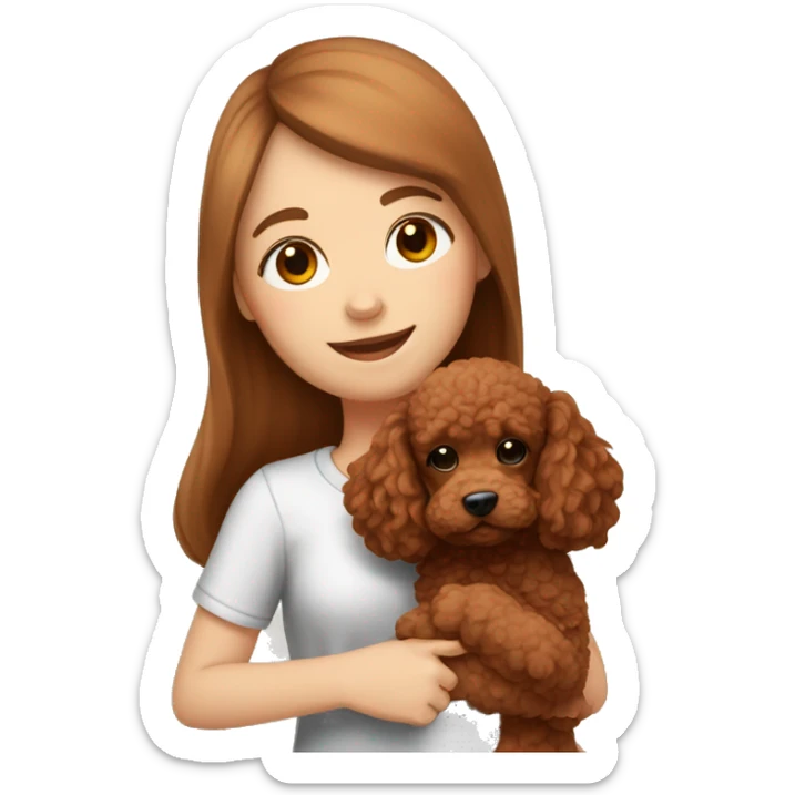A white girl with long brown hair hugging a cute red brown toy poodle puppy  sticker