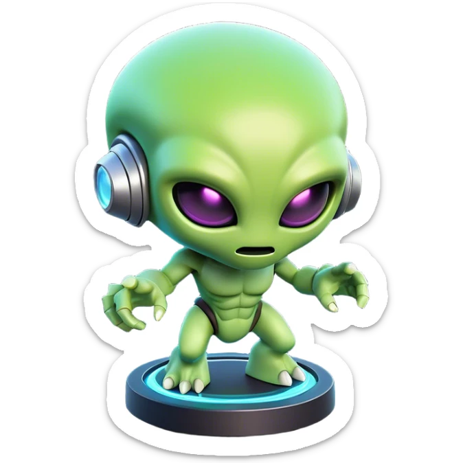 Clash of Clans aesthetic: Cinematic Playful 3D Isometric Alien Emoji, rendered in a 3D vector-style similar to standard emojis with minimal shading and bold, simplified shapes. A compact, distinct form with signature details, softly glowing with a futuristic sci-fi warfare charm. Simplified yet unmistakably iconic, highly detailed and consistent, glowing with a soft radiance and high shine. Stylized with a touch of high-tech brilliance and a soft glowing outline, capturing the essence of a beloved gaming relic with a friendly, playful manner! sticker