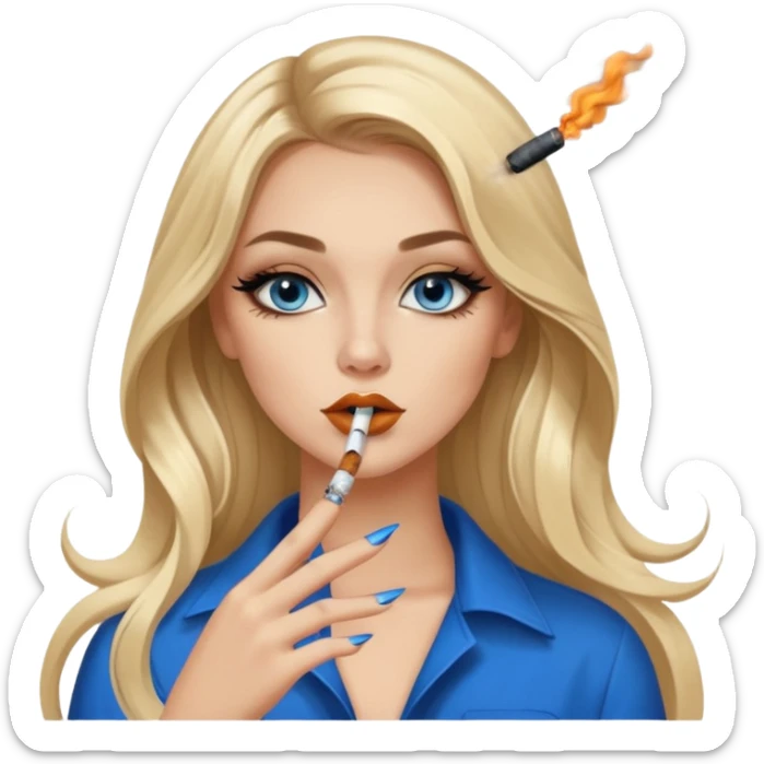 blonde balayage gorgeous girl blue eyes long hair with latina makeup smoking a cigarette and blowing smoke baddie winged eyeliner Long nails sticker