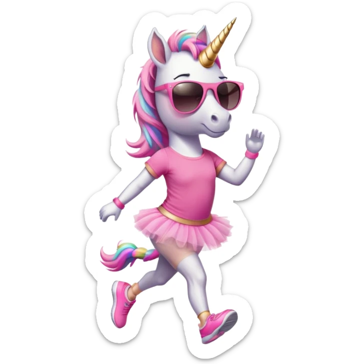 friendly anthropomorphised female unicorn in tutu and pink t-shirt, wearing dark sunglasses, jogging upright in relaxed pose sticker