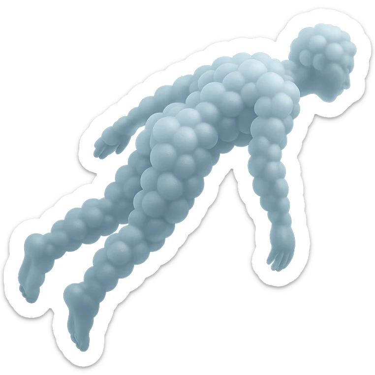 side view of unconscious person flying upwards by torso, legs and arms downwards, made of small very bright white fluffy convex clouds, matte glass style sticker