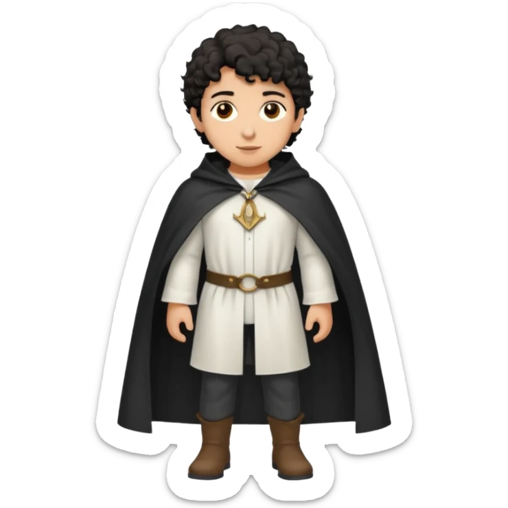 Apariencia: Joven de unos 25-30 años, atractivo,.
-Rostro: Ojos oscuros, piel ligeramente morena, rasgos árabes finos.
-Cabello: Negro, rizado corto, viste como cristiano (camisa blanca, capa corta, colores sobrios). Que salga de cuerpo completo sticker