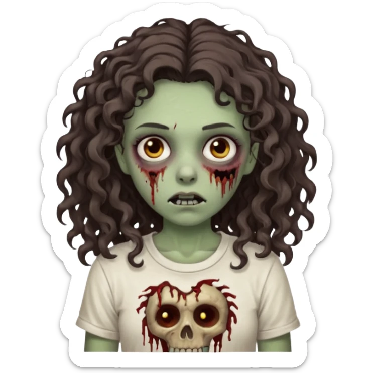 zombie girl with curly hair n brown eyes, dark and long hair 3a with wavy scalp, just a tshirt Ok but less curls and hair under te shoulder sticker