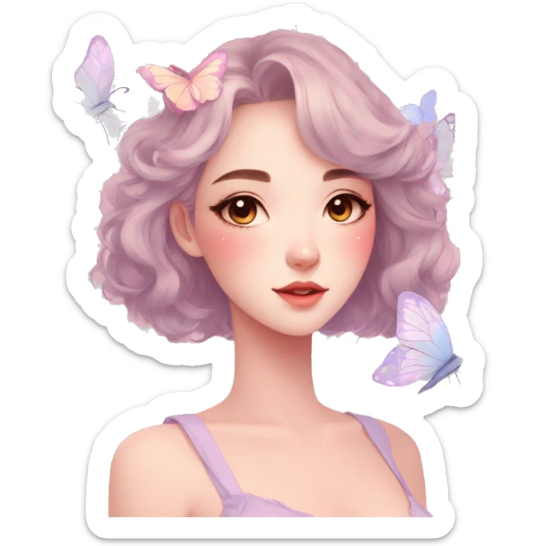 Gorgeous pastel anime style lady with blushing face and butterflies aesthetic trending style sticker