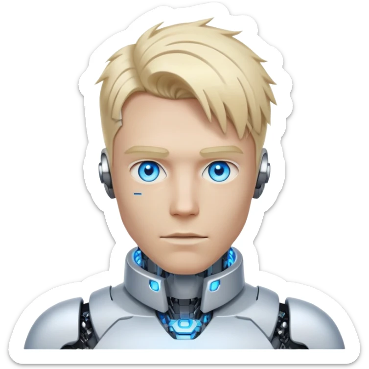 Cyborg male with tousled straight blond hair, partly mechanical face, glowing eyes, white tech collar sticker