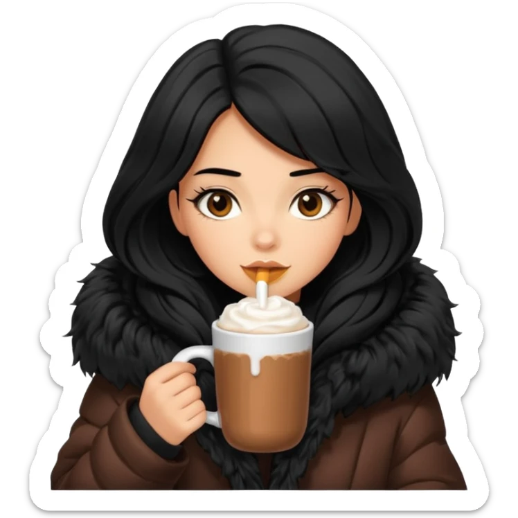 Tanned Girl with lashes , black hair, in an extremely big fluffy oversized jacket, and drinking hot chocolate drink sticker
