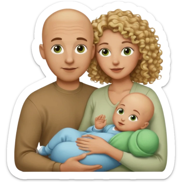 Un hombre calvo de ojos marrones con su mujer rubia de pelo rizado y ojos verdes sosteniendo un bebé niño de pelo rizado moreno y de ojos marrón verdoso sticker