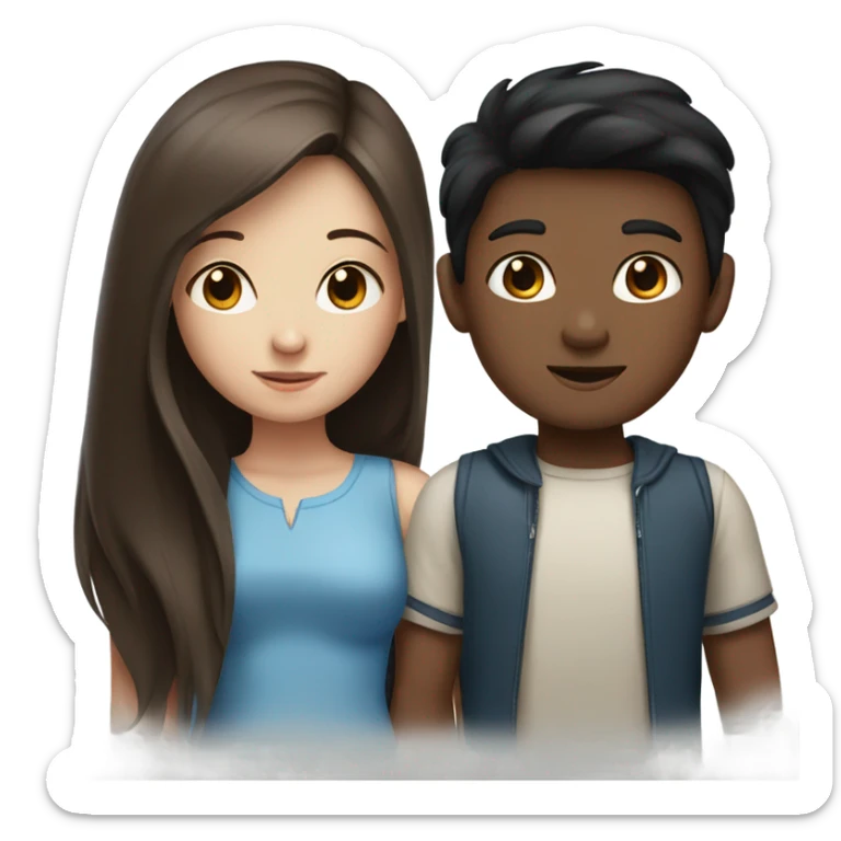 girl with long, straight brown hair and blue eyes and a boy with black short hair and brown eyes sticker
