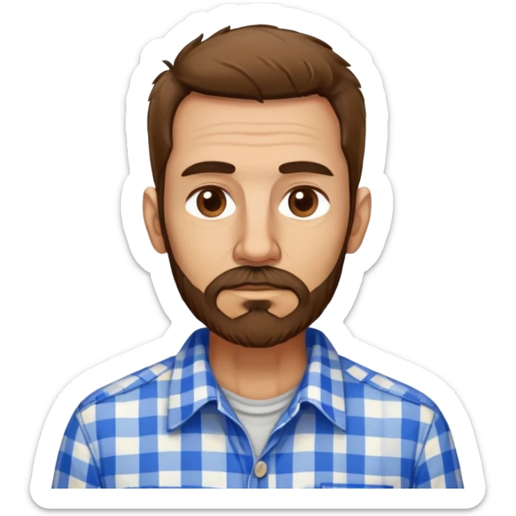 Skinny Puerto Rican man in his mid-50s with light skin. Thin face with defined features. Messy, disheveled brown hair. Untidy brown beard. Wearing a blue and white checkered button-up shirt that looks loose on his slim frame. sticker