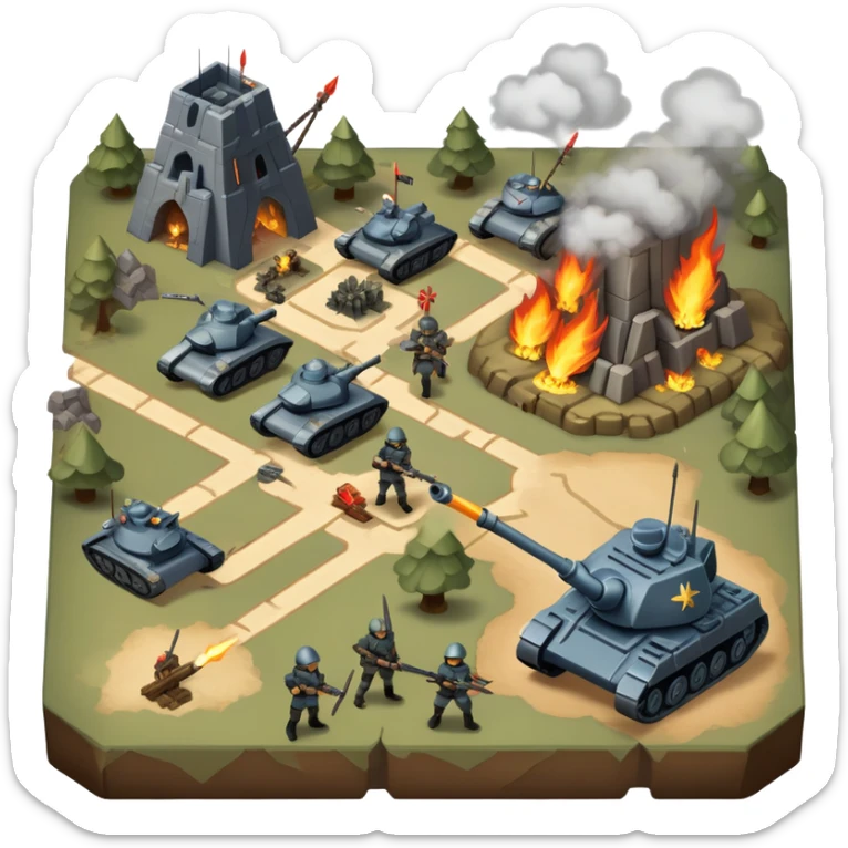 An icon showing a strategic battle scene with a top-down view of an army, inspired by classic strategy games. The interface displays unit icons, a minimap, and resource counters. Soldiers and siege weapons engage in combat on detailed terrain. Transparent background. sticker