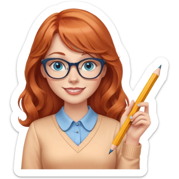 redheaded woman with long wavy hair and bangs, blue eyes, cat-eye glasses, wearing a pencil skirt and apricot blouse, holding a pencil, smiling sticker
