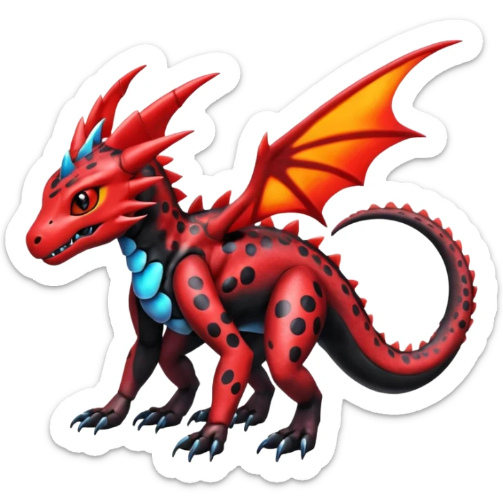 Cute Shiny spottef black and red iridescent Guilmon-Salandit-Fakémon-hybrid-creature (full body)  sticker