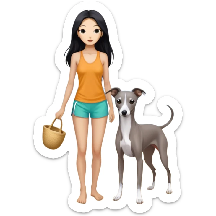 Slim Chinese woman with long black hair in appropriate beach attire at the beach with her completely solid grey Italian greyhound, ocean and sand visible, the dog has absolutely no white markings anywhere sticker