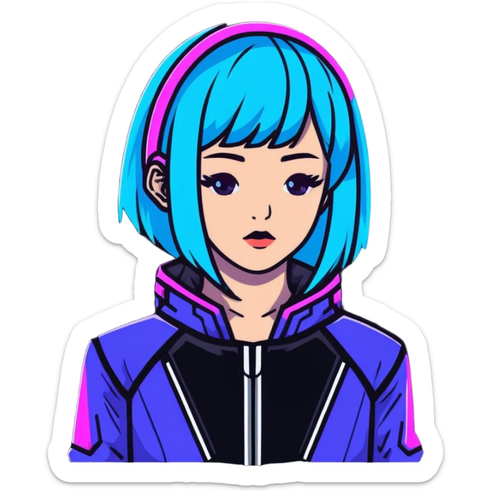 Cyberpunk Japanese girl with neon blue wig, futuristic holographic jacket, digital glitches effect, dark background with purple neon glow, iOS app icon style sticker