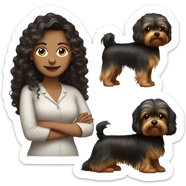 40 years old woman with dark brown long hair ,slidly curly and a yorkie  sticker