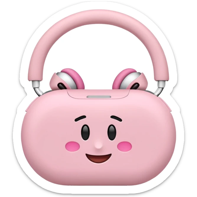 Create a pink happy circle emoji who listens to music on AirPods Max make them always this style 🥹 sticker