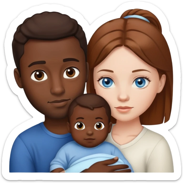 White woman with blue eyes and brown hair with black man and a baby boy sticker
