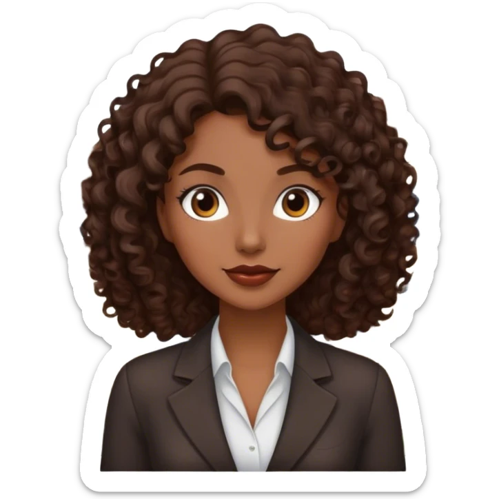 Dark brown lady with medium brown mid length curly hair in real estate job with house sticker