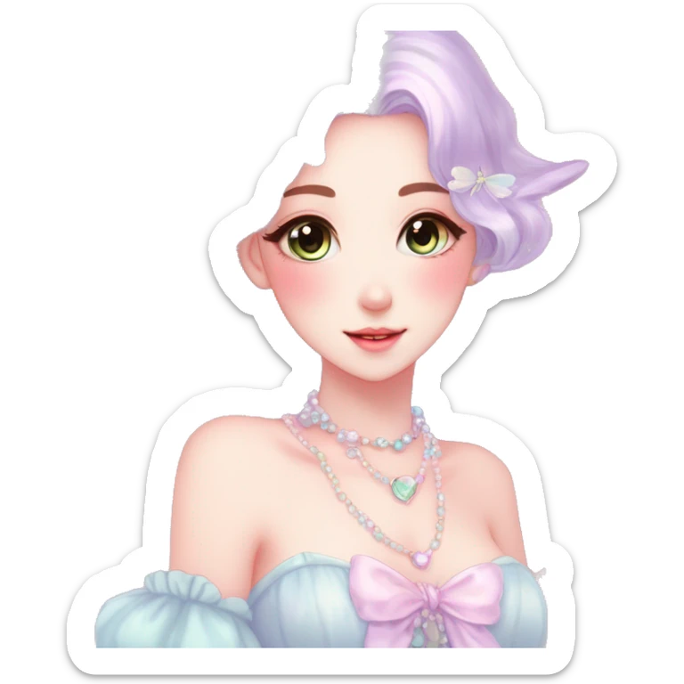 Gorgeous pastel anime style lady with blushing face and fairy dress necklace cottagecore fairycore pastelcore colorful pearly romantic simplistic aesthetic trending style sticker