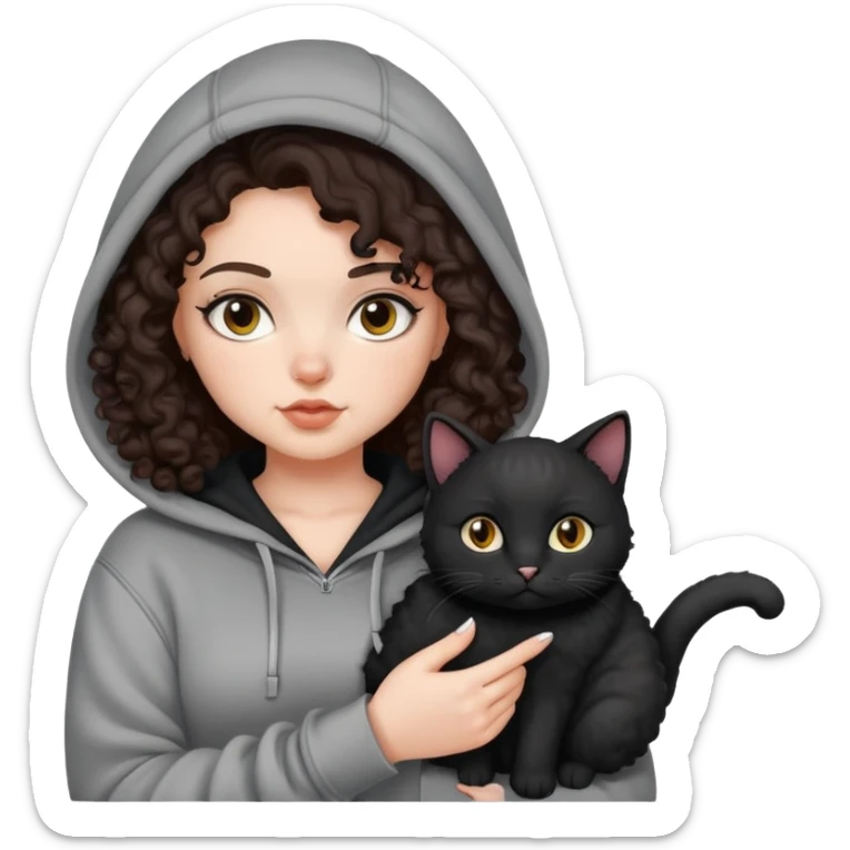 white skin curvy girl with dark brown curly hair in hoodie with black cat on her hand sticker
