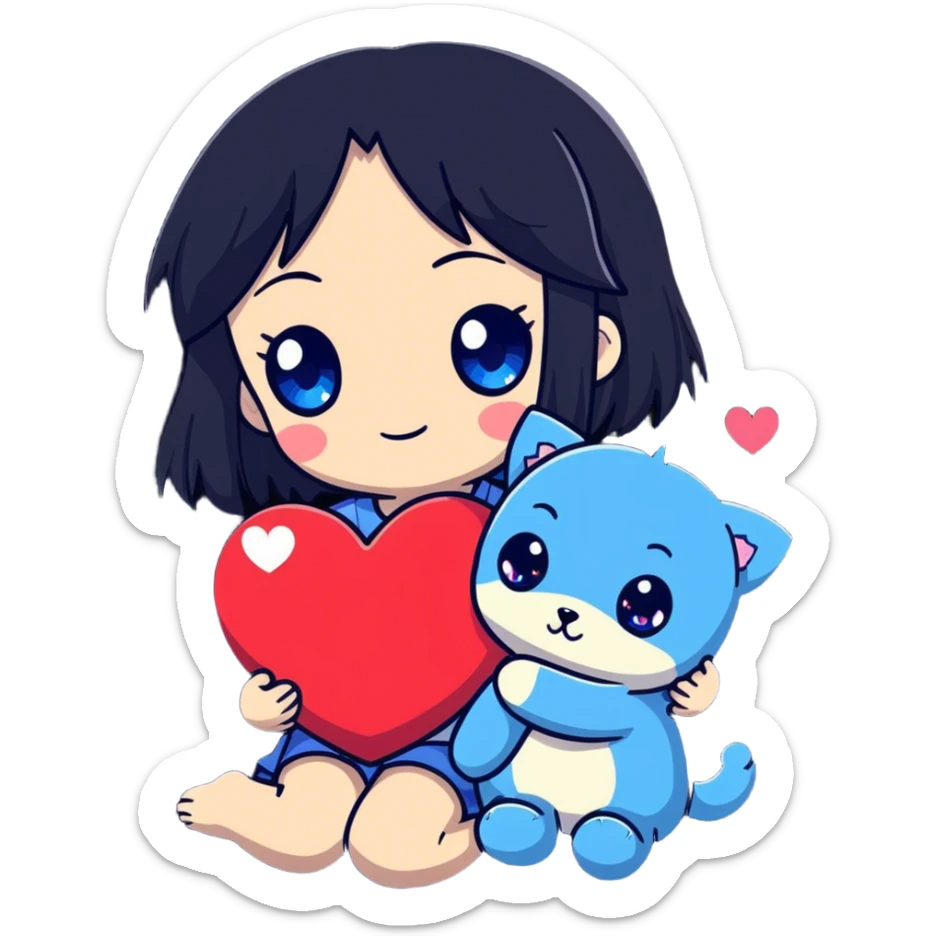 anime girl with black hair and blue eyes cuddling with heart plushie with cute heart pupils really in love  sticker