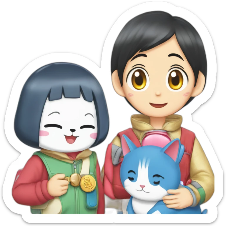 Doraemon and Dorami with a name tag of "Anjali" on Doraemon and "Aouf" on Dorami sticker