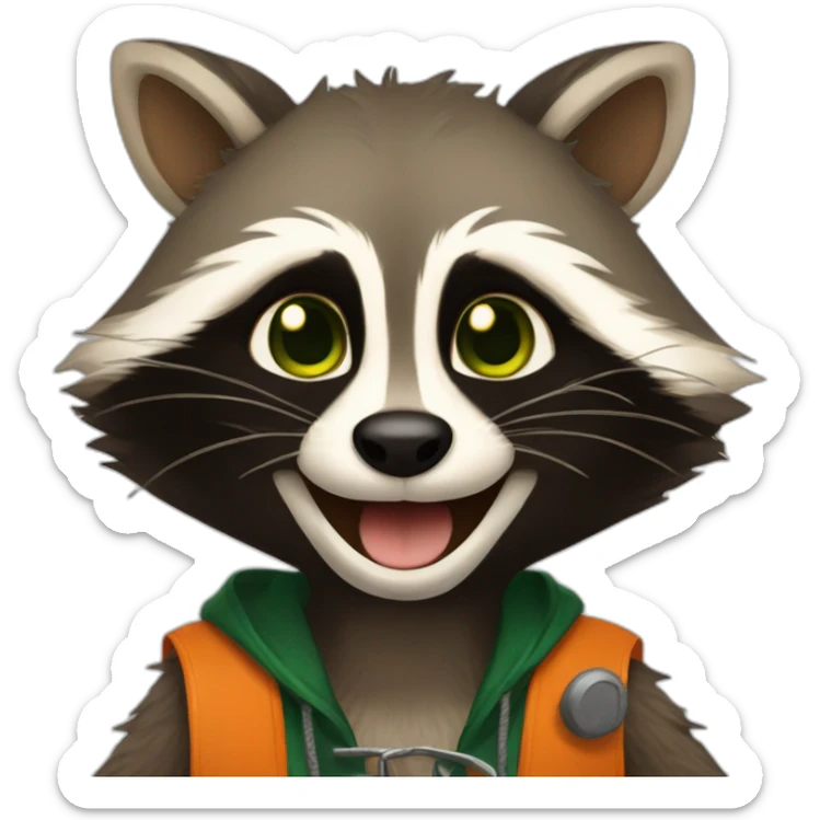 brown raccoon with orange eyes and a dark green hood that is laughing sticker