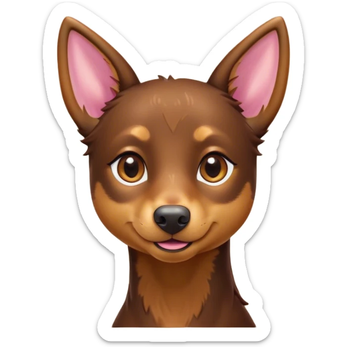 Cinematic Cute Brown and Tan Kelpie Portrait Emoji, Head tilted playfully and inquisitively, featuring a glossy brown Fur with vibrant tan accents, round, sparkling warm eyes filled with curiosity, Simplified yet irresistibly adorable features, highly detailed, glowing with a warm, friendly glow, high shine, affectionate and spirited, stylized with a touch of whimsy, bright and endearing, soft glowing outline, capturing the essence of a mischievous yet loving herder, so playful it feels like it could leap out of the screen and into your arms! sticker