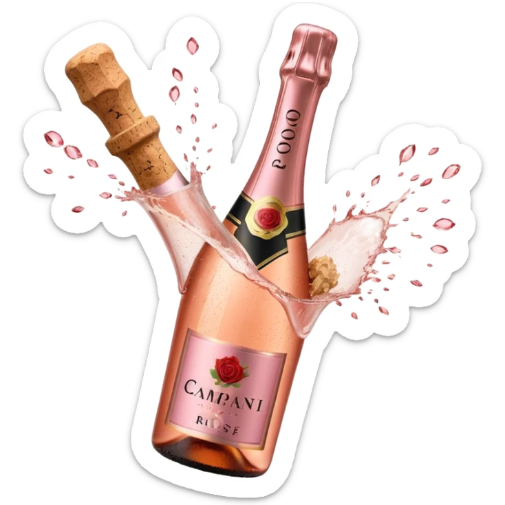 bottle of sparkling rosé champagne with a rose logo on the label, with a cork exploding out from the top, tilted up and to the left, no glass sticker