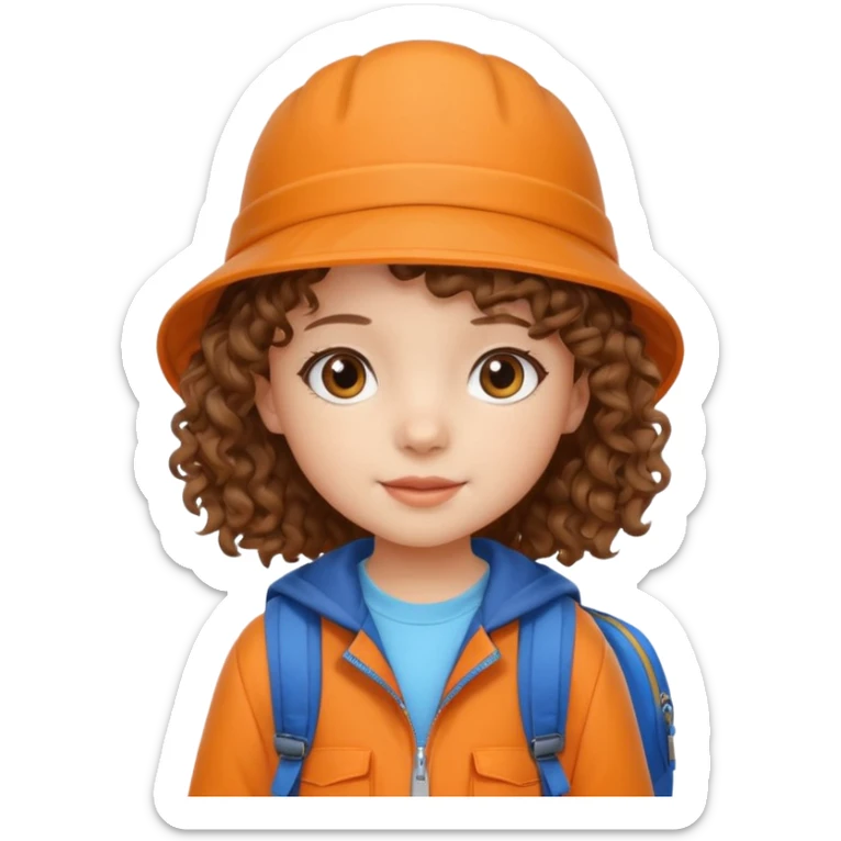 A little girl student curly brown hair, with beige bucket hat, orange jacket, blue backpack sticker