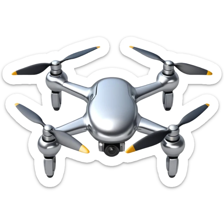 A futuristic drone emoji made of polished silver chrome, smooth rounded body, minimal propellers, reflective metallic surface, soft studio lighting, iOS emoji style, centered, clean white background sticker
