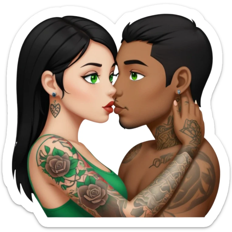 Girl with black hair and green eyes with tattoos kissing guy with dark brown hair sticker