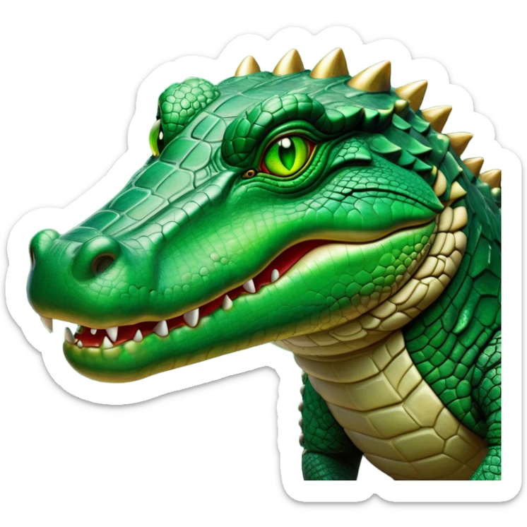Cinematic Noble Crocodile Portrait Emoji, Poised and regal, with a powerful, elongated build and a rugged, scaly emerald-green hide, piercing cold eyes, Simplified yet sharp and sophisticated features, highly detailed, glowing with a soft, dignified glow, high shine, intelligent and formidable, stylized with an air of ancient might, focused and attentive, soft glowing outline, capturing the essence of a watchful and commanding reptile, so majestic it feels as though it could silently slide out of the screen with effortless authority! sticker