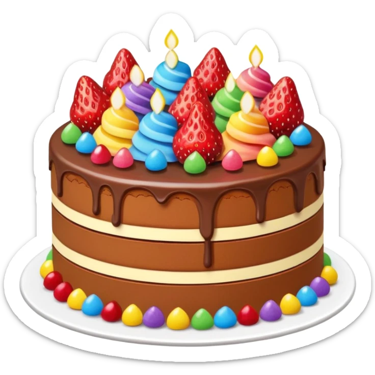 double-layer cake with fudge and strawberry, topped with strawberries and rainbow candy, in a cheerful emoji style sticker