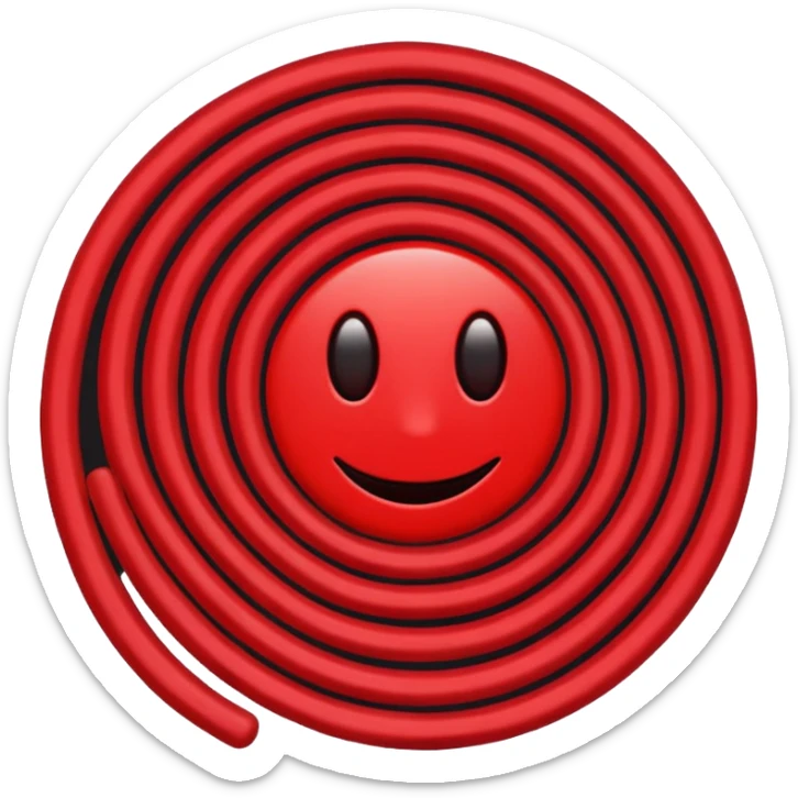 Minimalist emoji-style sticker of a coiled red carpet with drops of blood on the floor around it. Flat design, black and desaturated red tones, no perspective, bold lines. sticker