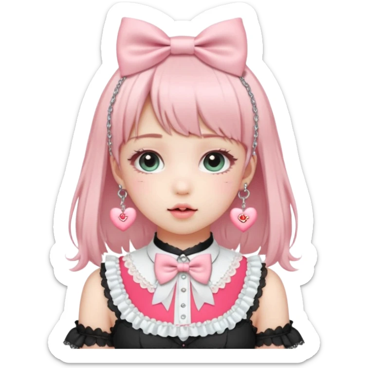 Pastel-baby-rose-pink Lolita-styled aesthetic cute kawaii choker-collar-necklace adorned with with white frills, roses, hearts, bow tie, silver chains,  sticker