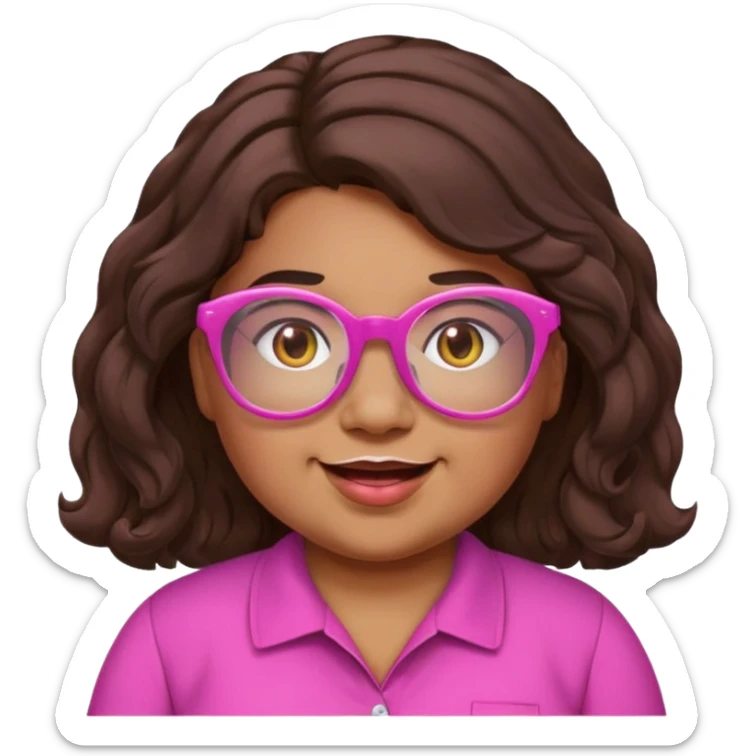 chubby English teacher, cheerful, pink glasses, wavy long dark brown hair, face only, classroom background, emoji style, hint of gamer personality sticker